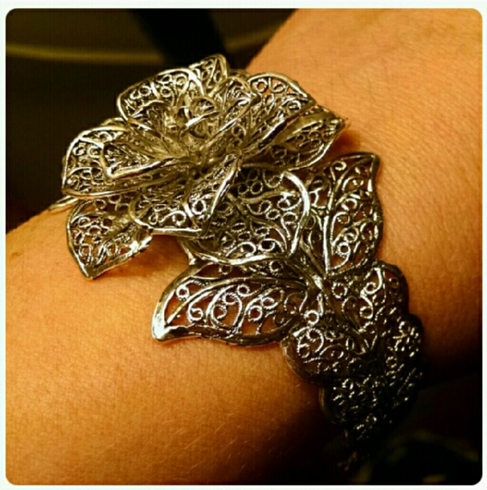 Bold Silver Rose Cuff bracelet